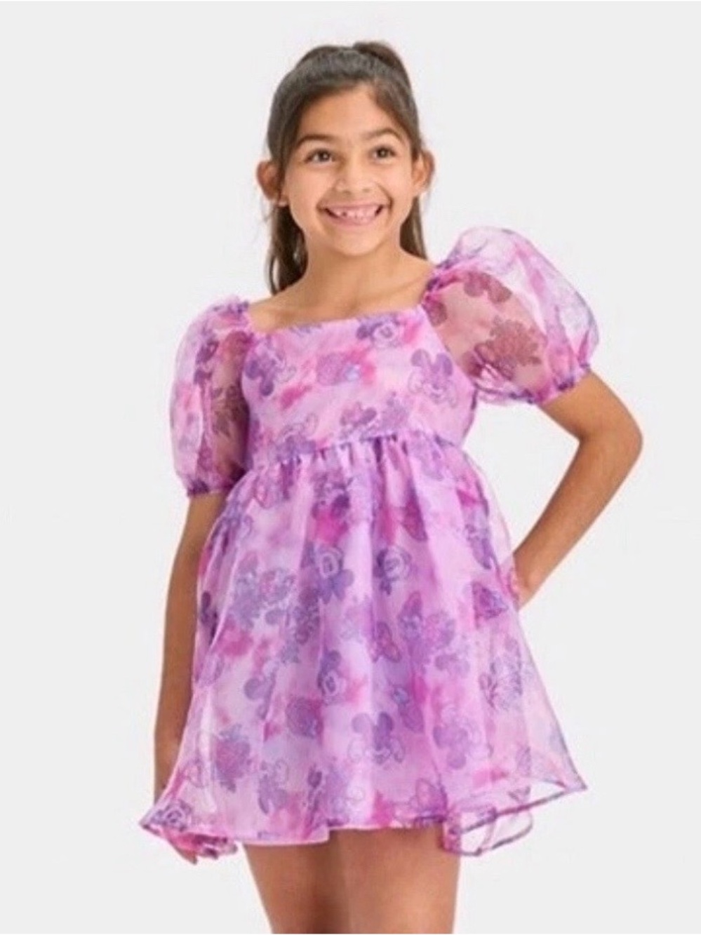 Disney Minnie Mouse Purple Lavender Pink Girls Puff Sleeve Floral Party Dress